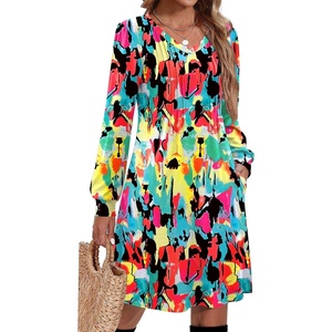Zeagoo Fall Dresses for Women Long Sleeve Casual Pleated V Neck Dress 2026 A Line Tunic Dress(Mixed Printed)
