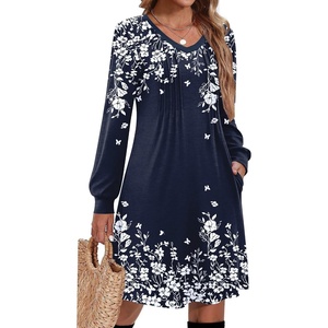 Zeagoo Fall Dresses for Women Long Sleeve Casual Pleated V Neck Dress 2026 A Line Tunic Dress(Navy Printed)