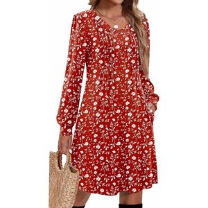Zeagoo Fall Dresses for Women Long Sleeve Casual Pleated V Neck Dress 2026 A Line Tunic Dress(Red Floral)