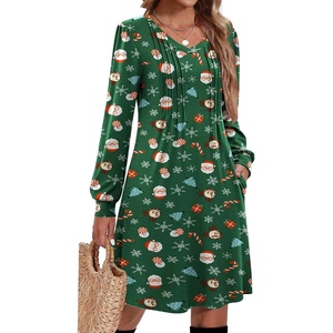Zeagoo Fall Dresses for Women Long Sleeve Casual Pleated V Neck Dress 2026 A Line Tunic Dress(Xmas Green)
