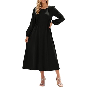 Zeagoo Fall Dresses for Women Long Sleeve Midi Dress Casual A Line Dresses 2026 Pleated Flare Dress with Pockets(A-black)