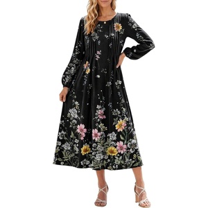 Zeagoo Fall Dresses for Women Long Sleeve Midi Dress Casual A Line Dresses 2026 Pleated Flare Dress with Pockets(Black Floral 01)