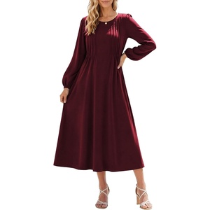 Zeagoo Fall Dresses for Women Long Sleeve Midi Dress Casual A Line Dresses 2026 Pleated Flare Dress with Pockets(Burgundy)
