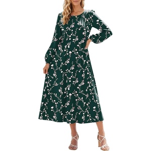 Zeagoo Fall Dresses for Women Long Sleeve Midi Dress Casual A Line Dresses 2026 Pleated Flare Dress with Pockets(Deep Green Floral)