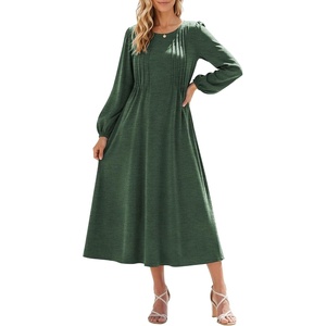 Zeagoo Fall Dresses for Women Long Sleeve Midi Dress Casual A Line Dresses 2026 Pleated Flare Dress with Pockets(Dusty Green)