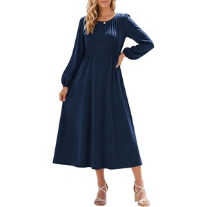 Zeagoo Fall Dresses for Women Long Sleeve Midi Dress Casual A Line Dresses 2026 Pleated Flare Dress with Pockets(Navy Blue)