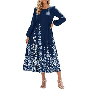 Zeagoo Fall Dresses for Women Long Sleeve Midi Dress Casual A Line Dresses 2026 Pleated Flare Dress with Pockets(Navy Floral)