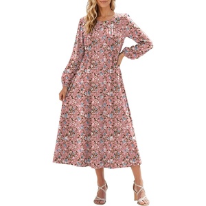 Zeagoo Fall Dresses for Women Long Sleeve Midi Dress Casual A Line Dresses 2026 Pleated Flare Dress with Pockets(Pink Floral)