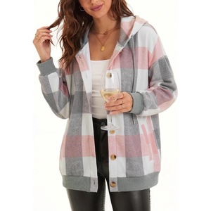 Zeagoo Hoodie for Women Hooded Sweatshirt Button Hoodies With Pockets Comfy Fleece Jackets 2026 Fashion S-3XL(Pink Plaid)
