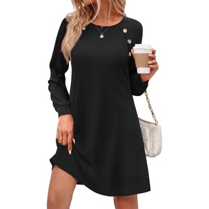 Zeagoo Long Sleeve Tunic Dress Button Crew Neck Casual Fall A-Line Dress(A01-black)