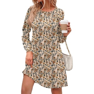Zeagoo Long Sleeve Tunic Dress Button Crew Neck Casual Fall A-Line Dress(Apricot Floral)