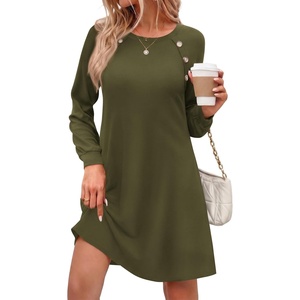 Zeagoo Long Sleeve Tunic Dress Button Crew Neck Casual Fall A-Line Dress(Army Green)