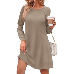 Zeagoo Long Sleeve Tunic Dress Button Crew Neck Casual Fall A-Line Dress(Khaki)