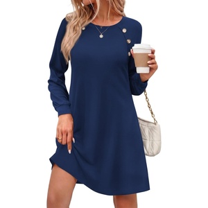 Zeagoo Long Sleeve Tunic Dress Button Crew Neck Casual Fall A-Line Dress(Navy Blue)