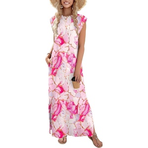 Zeagoo Summer Dresses for Women 2026 Long Maxi Sundresses Loose Split Wrinkle-Free Beach Travel Vacation Clothes(Pink Marble Pattern)