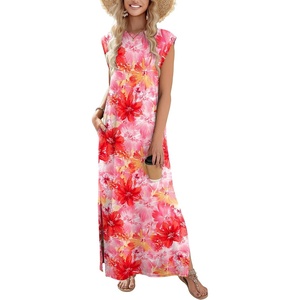 Zeagoo Summer Dresses for Women 2026 Long Maxi Sundresses Loose Split Wrinkle-Free Beach Travel Vacation Clothes(Red Flowers)