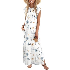 Zeagoo Summer Dresses for Women 2026 Long Maxi Sundresses Loose Split Wrinkle-Free Beach Travel Vacation Clothes(White Flowers)