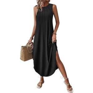 Zeagoo Women Floral Summer Casual Beach Printed Tank Dress with Pockets Pleated Front Long Dress(2601 A-black)