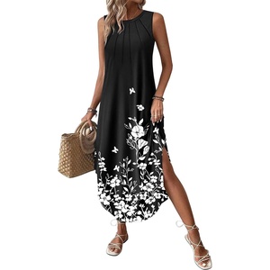 Zeagoo Women Floral Summer Casual Beach Printed Tank Dress with Pockets Pleated Front Long Dress(2602 Black Floral)