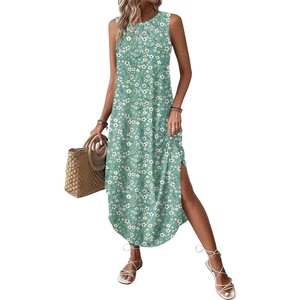 Zeagoo Women Floral Summer Casual Beach Printed Tank Dress with Pockets Pleated Front Long Dress(2602 Green Floral)