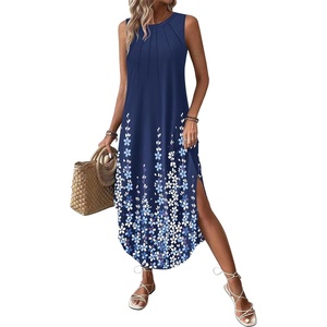 Zeagoo Women Floral Summer Casual Beach Printed Tank Dress with Pockets Pleated Front Long Dress(2602 Navy Printed)