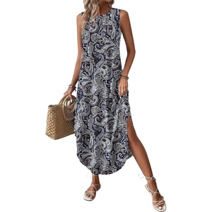 Zeagoo Women Floral Summer Casual Beach Printed Tank Dress with Pockets Pleated Front Long Dress(2603 Boho Print)