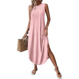 Zeagoo Women Floral Summer Casual Beach Printed Tank Dress with Pockets Pleated Front Long Dress(2603 Pink Dot)
