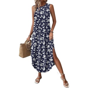 Zeagoo Women Floral Summer Casual Beach Printed Tank Dress with Pockets Pleated Front Long Dress(2604 Navy Flower)