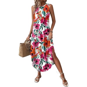 Zeagoo Women Floral Summer Casual Beach Printed Tank Dress with Pockets Pleated Front Long Dress(2604 Red Flower)