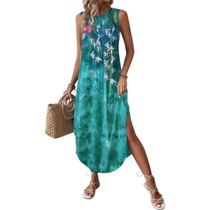 Zeagoo Women Floral Summer Casual Beach Printed Tank Dress with Pockets Pleated Front Long Dress(Green Flower)