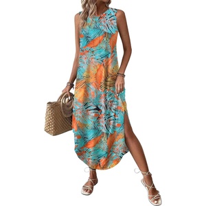 Zeagoo Women Floral Summer Casual Beach Printed Tank Dress with Pockets Pleated Front Long Dress(Leaf Print)