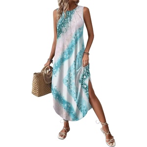 Zeagoo Women Floral Summer Casual Beach Printed Tank Dress with Pockets Pleated Front Long Dress(Mix Blue White)