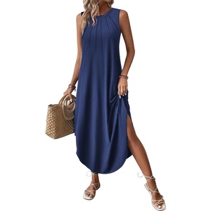 Zeagoo Women Floral Summer Casual Beach Printed Tank Dress with Pockets Pleated Front Long Dress(Navy Blue)