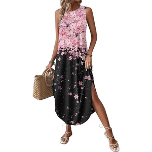 Zeagoo Women Floral Summer Casual Beach Printed Tank Dress with Pockets Pleated Front Long Dress(Pink+black Print)