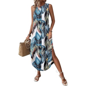 Zeagoo Women Floral Summer Casual Beach Printed Tank Dress with Pockets Pleated Front Long Dress(Tropical Leaf)