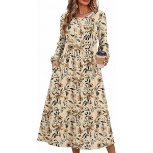 Zeagoo Women Long Sleeve Fall Dress Casual A Line Dresses 2026 Midi Flare Dress(Khaki Floral)