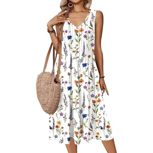 Zeagoo Women Summer Casual Dresses 2026 Sleeveless Midi Pleated Tank Sundress with Pockets V Neck A Line Swing Tshirt Dress(Apricot Floral)