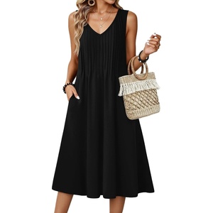 Zeagoo Women Summer Casual Dresses 2026 Sleeveless Midi Pleated Tank Sundress with Pockets V Neck A Line Swing Tshirt Dress(Black)