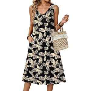 Zeagoo Women Summer Casual Dresses 2026 Sleeveless Midi Pleated Tank Sundress with Pockets V Neck A Line Swing Tshirt Dress(Black Khaki)