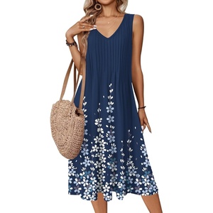 Zeagoo Women Summer Casual Dresses 2026 Sleeveless Midi Pleated Tank Sundress with Pockets V Neck A Line Swing Tshirt Dress(Blue Flowers)