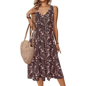 Zeagoo Women Summer Casual Dresses 2026 Sleeveless Midi Pleated Tank Sundress with Pockets V Neck A Line Swing Tshirt Dress(Coffee)