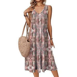 Zeagoo Women Summer Casual Dresses 2026 Sleeveless Midi Pleated Tank Sundress with Pockets V Neck A Line Swing Tshirt Dress(Coffee Pink)