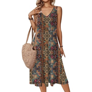 Zeagoo Women Summer Casual Dresses 2026 Sleeveless Midi Pleated Tank Sundress with Pockets V Neck A Line Swing Tshirt Dress(Ethnic)