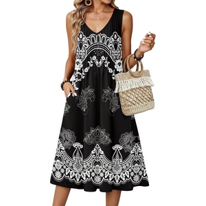 Zeagoo Women Summer Casual Dresses 2026 Sleeveless Midi Pleated Tank Sundress with Pockets V Neck A Line Swing Tshirt Dress(Ethnic Black White)
