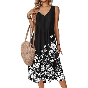 Zeagoo Women Summer Casual Dresses 2026 Sleeveless Midi Pleated Tank Sundress with Pockets V Neck A Line Swing Tshirt Dress(Floral Black)