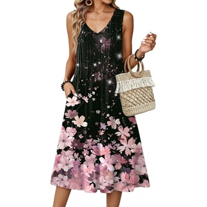 Zeagoo Women Summer Casual Dresses 2026 Sleeveless Midi Pleated Tank Sundress with Pockets V Neck A Line Swing Tshirt Dress(Pink Black)
