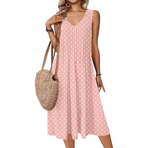 Zeagoo Women Summer Casual Dresses 2026 Sleeveless Midi Pleated Tank Sundress with Pockets V Neck A Line Swing Tshirt Dress(Polka Dots)