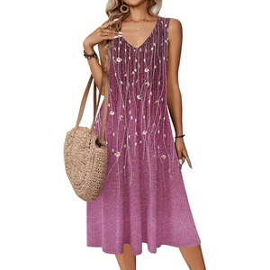 Zeagoo Women Summer Casual Dresses 2026 Sleeveless Midi Pleated Tank Sundress with Pockets V Neck A Line Swing Tshirt Dress(Purple Flowers)