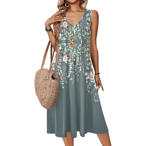 Zeagoo Women Summer Casual Dresses 2026 Sleeveless Midi Pleated Tank Sundress with Pockets V Neck A Line Swing Tshirt Dress(Watercolor Gray)
