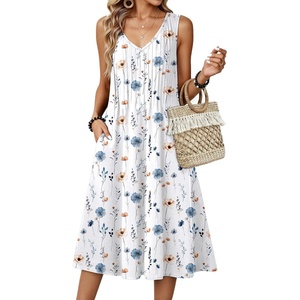 Zeagoo Women Summer Casual Dresses 2026 Sleeveless Midi Pleated Tank Sundress with Pockets V Neck A Line Swing Tshirt Dress(White Blue)
